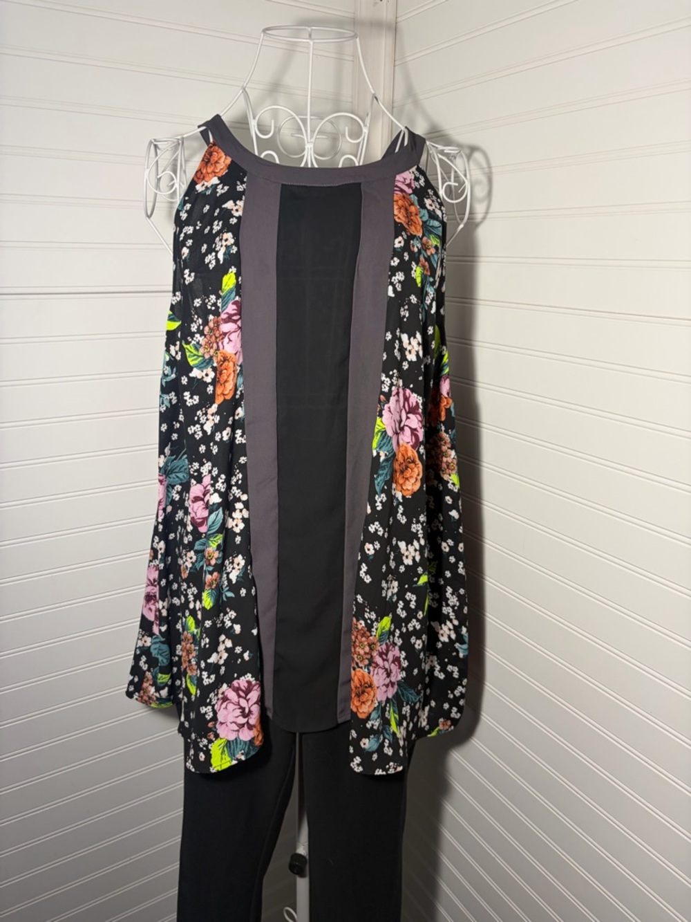 Torrid Black Floral Tunic with Purplish Gray Trim
